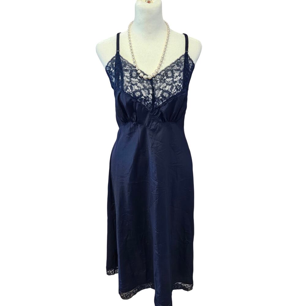 Vintage Lady lynne crepe sexy lace lingerie slip dress large XL 40 blue nylon